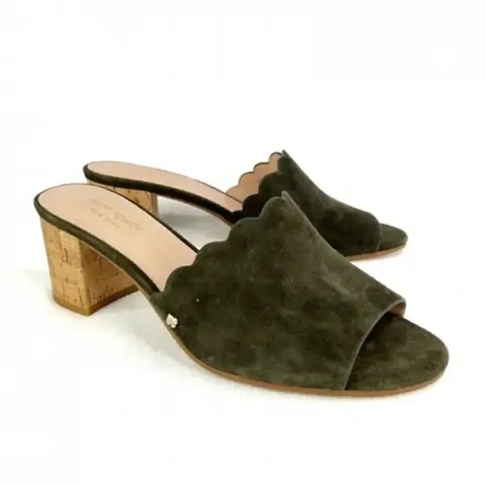KATE SPADE SCALLOPED GREEN SUEDE OPEN TOE HEELS SIZE 7